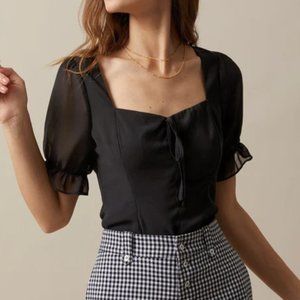 Black Sweetheart Neck Puff Sleeve Sheer Chiffon Tie S/S Blouse - NWT - XL